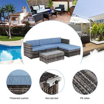 CharaVector Patio Furniture Set, Outdoor Sectional Rattan Sofa Wicker Conversation Couch Set 5 Pieces with Pillows&Coffee Table&Thick Cushions for Backyard Garden Poolside