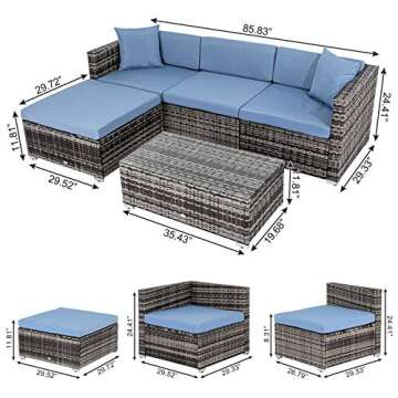 CharaVector Patio Furniture Set, Outdoor Sectional Rattan Sofa Wicker Conversation Couch Set 5 Pieces with Pillows&Coffee Table&Thick Cushions for Backyard Garden Poolside