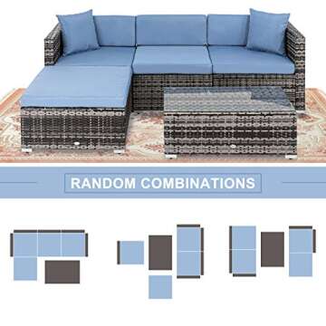 CharaVector Patio Furniture Set, Outdoor Sectional Rattan Sofa Wicker Conversation Couch Set 5 Pieces with Pillows&Coffee Table&Thick Cushions for Backyard Garden Poolside