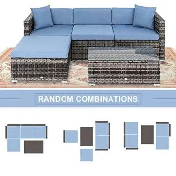 CharaVector Patio Furniture Set, Outdoor Sectional Rattan Sofa Wicker Conversation Couch Set 5 Pieces with Pillows&Coffee Table&Thick Cushions for Backyard Garden Poolside
