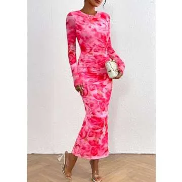 PRETTYGARDEN Women's Bodycon Maxi Dress Fall Spring Fashion Long Sleeve Floral Print Tight Fitted Party Club Ruched Dresses (Print Pink,Medium)