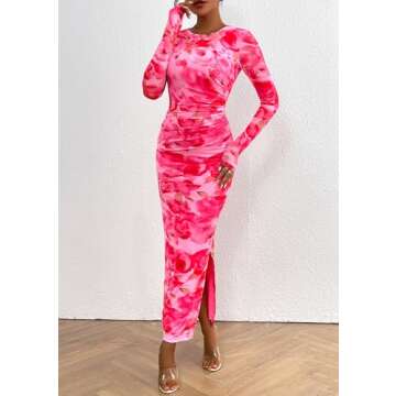 PRETTYGARDEN Women's Bodycon Maxi Dress Fall Spring Fashion Long Sleeve Floral Print Tight Fitted Party Club Ruched Dresses (Print Pink,Medium)