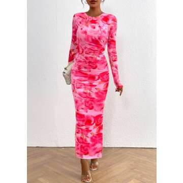 PRETTYGARDEN Women's Bodycon Maxi Dress Fall Spring Fashion Long Sleeve Floral Print Tight Fitted Party Club Ruched Dresses (Print Pink,Medium)