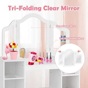 INFANS Kids Vanity, 2 in 1 Princess Makeup Desk Set with Tri-Folding Detachable Mirror, Large Storage Shelves, Wooden Dressing Table,Pretend Play Vanity Set for Girls (White)