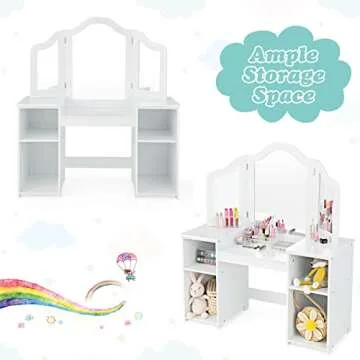 INFANS Kids Vanity, 2 in 1 Princess Makeup Desk Set with Tri-Folding Detachable Mirror, Large Storage Shelves, Wooden Dressing Table,Pretend Play Vanity Set for Girls (White)
