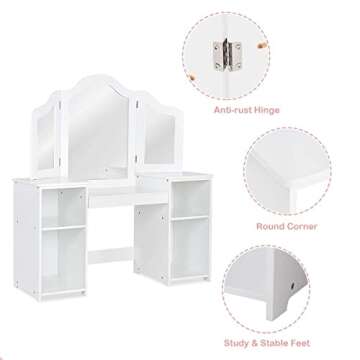 INFANS Kids Vanity, 2 in 1 Princess Makeup Desk Set with Tri-Folding Detachable Mirror, Large Storage Shelves, Wooden Dressing Table,Pretend Play Vanity Set for Girls (White)
