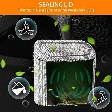 Accmor Bling Car Trash Can with 30pcs Garbage Bags, Vehicle Trash Bin with Lid Auto Dustbin Organizer Garbage Storage, Sparkling Crystal Mini Trash Container Holder