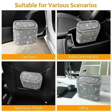 Accmor Bling Car Trash Can with 30pcs Garbage Bags, Vehicle Trash Bin with Lid Auto Dustbin Organizer Garbage Storage, Sparkling Crystal Mini Trash Container Holder
