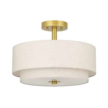 XiNBEi Lighting 3 Light Semi Flush Mount Light, Close to Ceiling Light Fixture with Fabric Shade Retro Gold Brass 16 inch Semi Flush Drum Light for Bedroom & Living Room XB-SF1289-GB