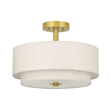 XiNBEi Lighting 3 Light Semi Flush Mount Light, Close to Ceiling Light Fixture with Fabric Shade Retro Gold Brass 16 inch Semi Flush Drum Light for Bedroom & Living Room XB-SF1289-GB