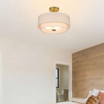 XiNBEi Lighting 3 Light Semi Flush Mount Light, Close to Ceiling Light Fixture with Fabric Shade Retro Gold Brass 16 inch Semi Flush Drum Light for Bedroom & Living Room XB-SF1289-GB