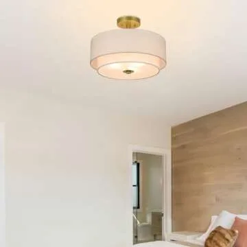 XiNBEi Lighting 3 Light Semi Flush Mount Light, Close to Ceiling Light Fixture with Fabric Shade Retro Gold Brass 16 inch Semi Flush Drum Light for Bedroom & Living Room XB-SF1289-GB