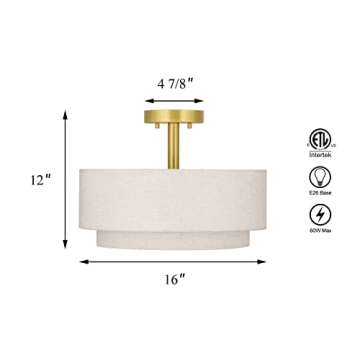 XiNBEi Lighting 3 Light Semi Flush Mount Light, Close to Ceiling Light Fixture with Fabric Shade Retro Gold Brass 16 inch Semi Flush Drum Light for Bedroom & Living Room XB-SF1289-GB