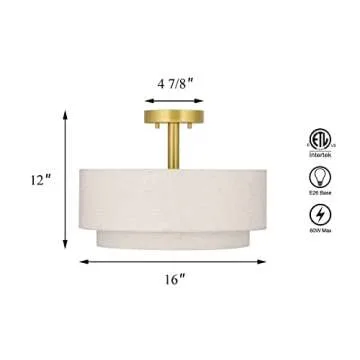 XiNBEi Lighting 3 Light Semi Flush Mount Light, Close to Ceiling Light Fixture with Fabric Shade Retro Gold Brass 16 inch Semi Flush Drum Light for Bedroom & Living Room XB-SF1289-GB