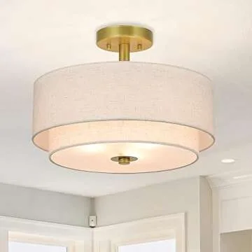 XiNBEi Lighting 3 Light Semi Flush Mount Light, Close to Ceiling Light Fixture with Fabric Shade Retro Gold Brass 16 inch Semi Flush Drum Light for Bedroom & Living Room XB-SF1289-GB