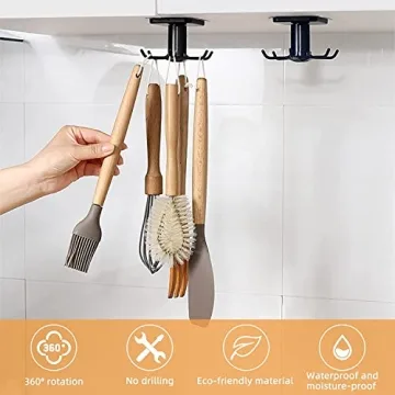 KAIOEYUH 2pcs Under Cabinet Kitchen Utensil Rack,360° Rotating Under Shelf Kitchen Utility Hooks,Adhesive Kitchen Utensil Tools Storage Holder,Black