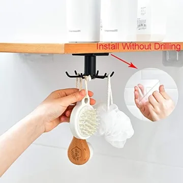 KAIOEYUH 2pcs Under Cabinet Kitchen Utensil Rack,360° Rotating Under Shelf Kitchen Utility Hooks,Adhesive Kitchen Utensil Tools Storage Holder,Black