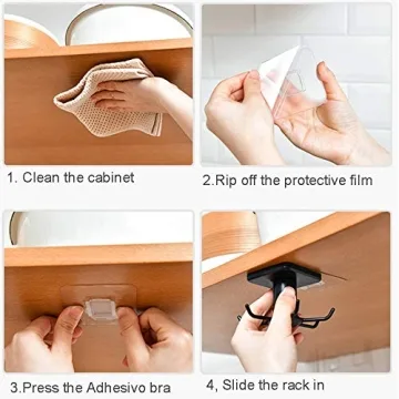 KAIOEYUH 2pcs Under Cabinet Kitchen Utensil Rack,360° Rotating Under Shelf Kitchen Utility Hooks,Adhesive Kitchen Utensil Tools Storage Holder,Black