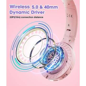 KONNAO Kids Headphones Wireless 60H, Foldable On Ear Headphone with MIC, Volume Limiter 85dB/94dB Wireless & Wired Headphones, Over-Ear Headphone for Kid Adult School Online Class Travel, Pink