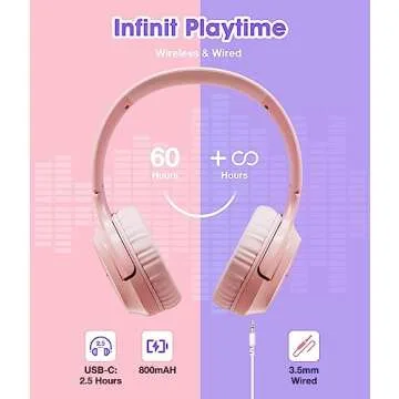 KONNAO Kids Headphones Wireless 60H, Foldable On Ear Headphone with MIC, Volume Limiter 85dB/94dB Wireless & Wired Headphones, Over-Ear Headphone for Kid Adult School Online Class Travel, Pink