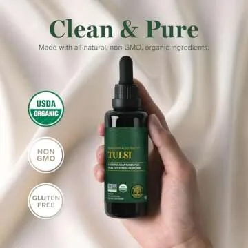 Global Healing Center - Organic Tulsi (Holy Basil Leaf Extract) Vegan Liquid Supplement Drops (Organic Basil) - Bioavailable Herb for Normal Stress Response, Natural Energy & Immune Support
