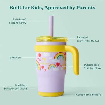 REDUCE 14 Oz Coldee Kids Tumbler with Lid and Straw - Coldee Insulated Travel Mug - Spill-Proof, Sweatproof Stainless Steel, BPA-Free - Includes Handle, Reusable Silicone Straw - Rainbow Sky