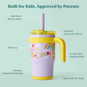 REDUCE 14 Oz Coldee Kids Tumbler with Lid and Straw - Coldee Insulated Travel Mug - Spill-Proof, Sweatproof Stainless Steel, BPA-Free - Includes Handle, Reusable Silicone Straw - Rainbow Sky