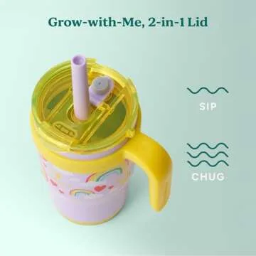 REDUCE 14 Oz Coldee Kids Tumbler with Lid and Straw - Coldee Insulated Travel Mug - Spill-Proof, Sweatproof Stainless Steel, BPA-Free - Includes Handle, Reusable Silicone Straw - Rainbow Sky
