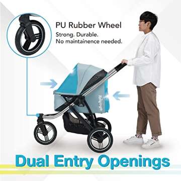 ibiyaya - The Beast Dog Stroller for All-Terrain Jogging - Small and Medium Dog and Cat Stroller, 3 Wheel Dog Carrier with Double Breaks, Zipperless Design, and Spacious Storage - Gray
