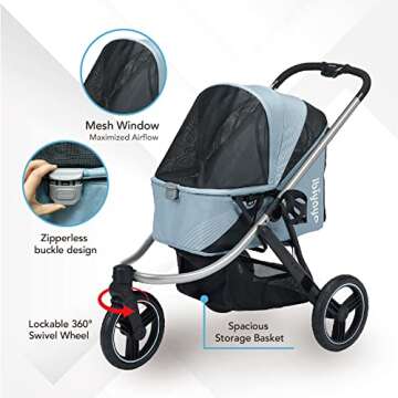 ibiyaya - The Beast Dog Stroller for All-Terrain Jogging - Small and Medium Dog and Cat Stroller, 3 Wheel Dog Carrier with Double Breaks, Zipperless Design, and Spacious Storage - Gray