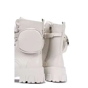 Cape Robbin Monalisa Combat Boots for Women, Platform Boots with Chunky Block Heels, Womens High Tops Boots - Off White Size 9