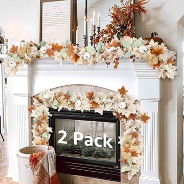 Neutral Fall Garland for Mantle Fireplace - 2 Pack 5.8Ft Outdoor Autumn Leaves Decor for Home Front ...