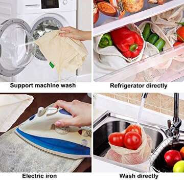 Reusable Produce Bags, Organic Cotton Mesh Bags Muslin Bags with Drawstring Bonus Reusable Grocery Bag for Shopping & Storage, Washable, Biodegradable, Tare Weight on Color Tag(8 Pack)