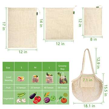 Reusable Produce Bags, Organic Cotton Mesh Bags Muslin Bags with Drawstring Bonus Reusable Grocery Bag for Shopping & Storage, Washable, Biodegradable, Tare Weight on Color Tag(8 Pack)