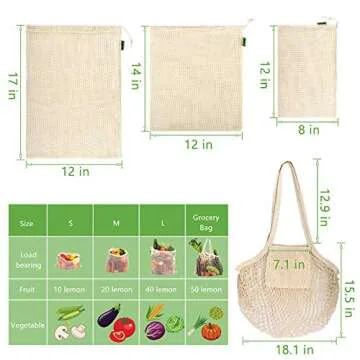 Reusable Produce Bags, Organic Cotton Mesh Bags Muslin Bags with Drawstring Bonus Reusable Grocery Bag for Shopping & Storage, Washable, Biodegradable, Tare Weight on Color Tag(8 Pack)