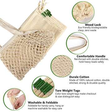 Reusable Produce Bags, Organic Cotton Mesh Bags Muslin Bags with Drawstring Bonus Reusable Grocery Bag for Shopping & Storage, Washable, Biodegradable, Tare Weight on Color Tag(8 Pack)