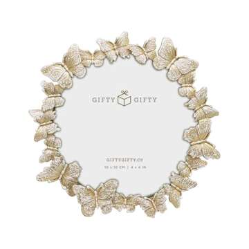 GIFTY GIFTY Round Butterfly Picture Frame with Gold With White Painted Frame 4”x4” Personalized ...