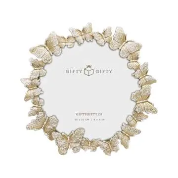 GIFTY GIFTY Round Butterfly Picture Frame with Gold With White Painted Frame 4”x4” Personalized ...