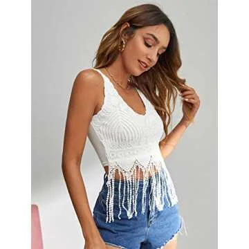 Verdusa 70s Outfits for Women Guipure Fringe V Neck Sleevelss Crop Tank Tops White S