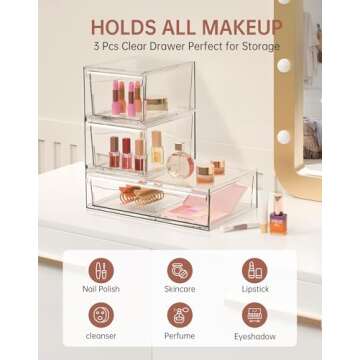 Makeup Organizer, Stackable Acrylic Drawer Organizers for Vanity, Bathroom, Countertop, Undersink, Desk & Pantry Cabinet, Clear Plastic Storage Bins for Skincare & Medicine, Cosmetic Display Case