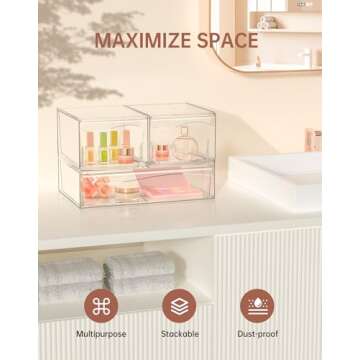 Makeup Organizer, Stackable Acrylic Drawer Organizers for Vanity, Bathroom, Countertop, Undersink, Desk & Pantry Cabinet, Clear Plastic Storage Bins for Skincare & Medicine, Cosmetic Display Case
