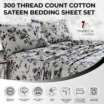 Tribeca Living California King Bed Sheet Set, 300 Thread Count Soft Cotton Sateen, Floral Print with...