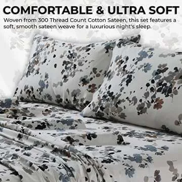 Tribeca Living California King Bed Sheet Set, 300 Thread Count Soft Cotton Sateen, Floral Print with Extra Deep Pockets, 4-Piece Bedding Set, Lisbon Grey/Multicolor