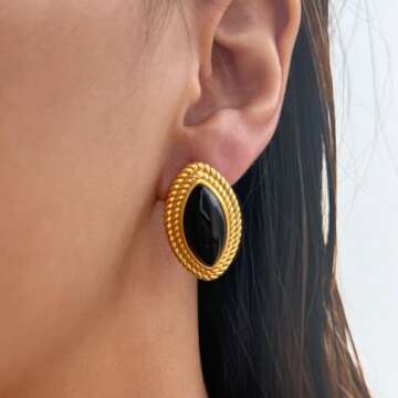 Vintage Women's Earrings, 18K Gold Black Onyx Oval Eye Dangle Earrings, Stainless Steel French Medie...