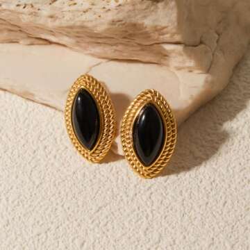 Vintage Women's Earrings, 18K Gold Black Onyx Oval Eye Dangle Earrings, Stainless Steel French Medieval Stud Earrings, Hypoallergenic Lightweight Jewelry Gift