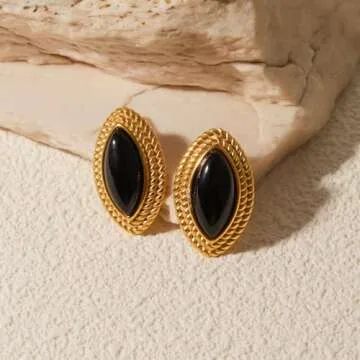 Vintage Women's Earrings, 18K Gold Black Onyx Oval Eye Dangle Earrings, Stainless Steel French Medieval Stud Earrings, Hypoallergenic Lightweight Jewelry Gift