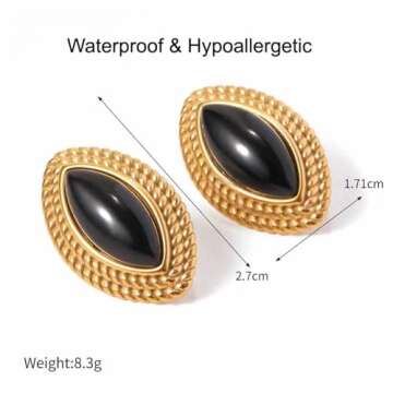 Vintage Women's Earrings, 18K Gold Black Onyx Oval Eye Dangle Earrings, Stainless Steel French Medieval Stud Earrings, Hypoallergenic Lightweight Jewelry Gift