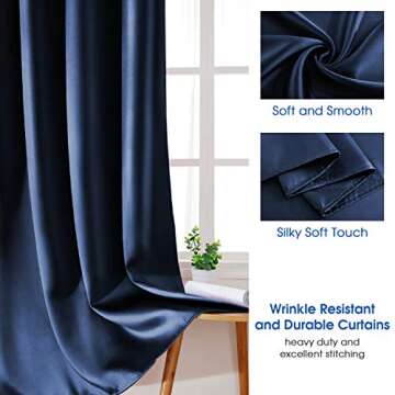 HOMEIDEAS 2 Panels Navy Blue Faux Silk Blackout Curtains, 52 X 108 Inch Room Darkening Satin Thermal...
