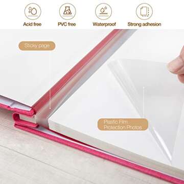potricher Large Photo Album Self Adhesive 4x6 5x7 8x10 Pictures Linen Cover 40 Blank Pages Magnetic DIY Scrapbook Albums with A Metallic Pen (Rose Red)