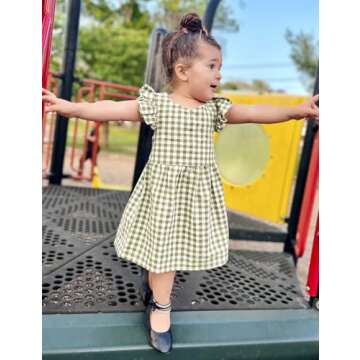 AGQT Toddler Girls Plaid Dress - Olive Ruffle Sleeve Summer Outfits Size 3-4T